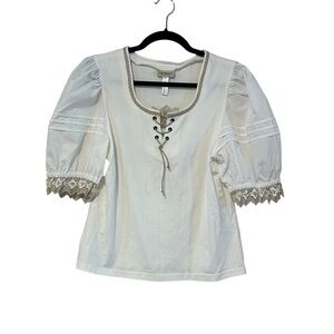 Landhaus C & A Lace Up Puff Sleeve Blouse German UK 16 US 12 Lace